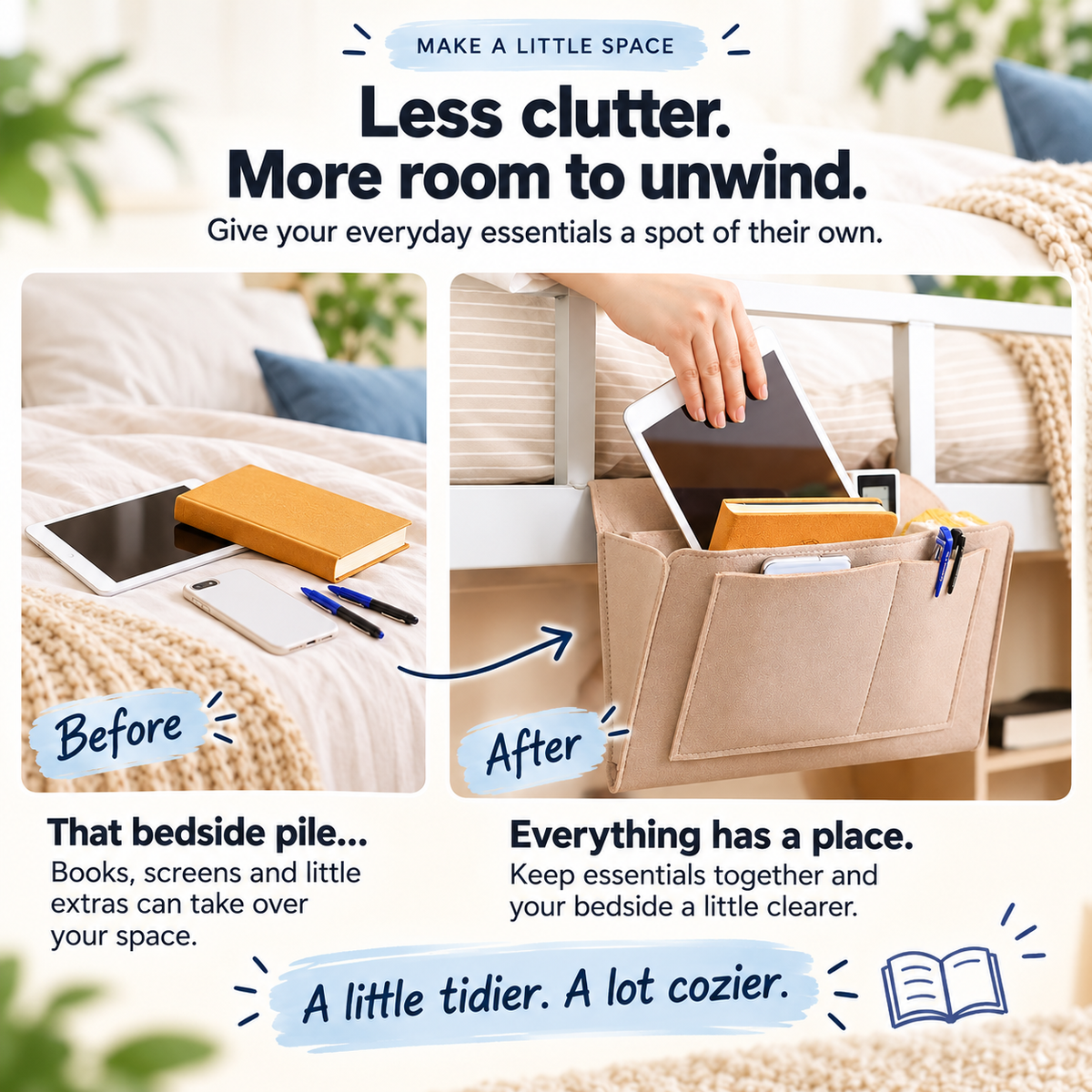 Multi-Pocket Bedside Caddy — Space-Saving Storage, No Tools Needed