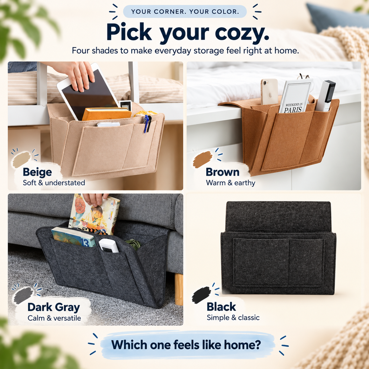 Multi-Pocket Bedside Caddy — Space-Saving Storage, No Tools Needed