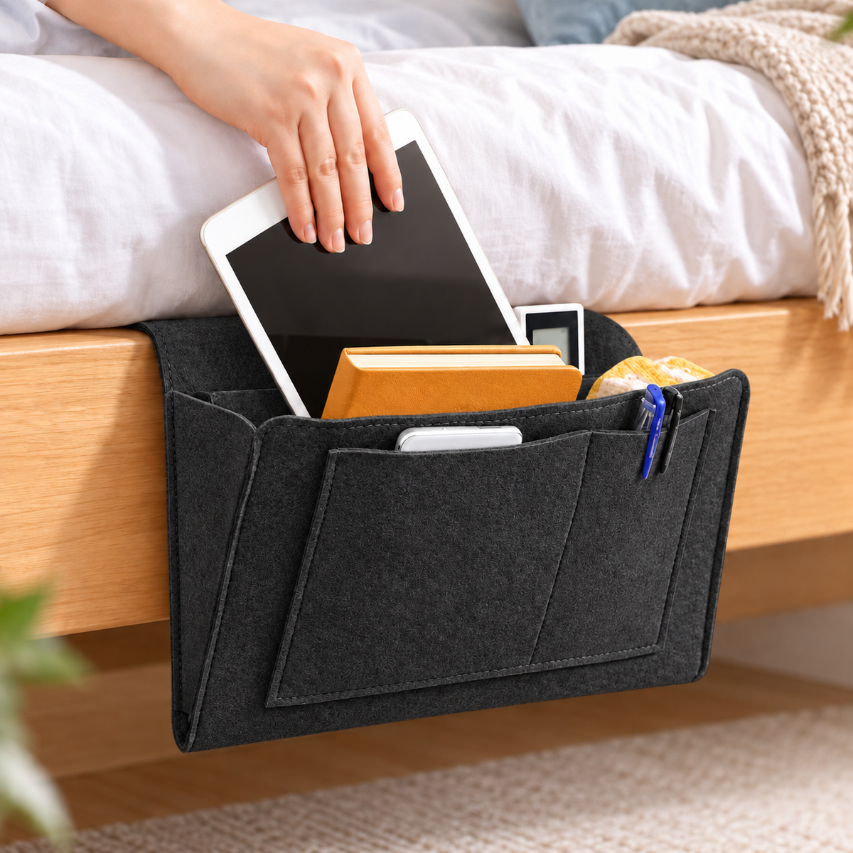 Multi-Pocket Bedside Caddy — Space-Saving Storage, No Tools Needed